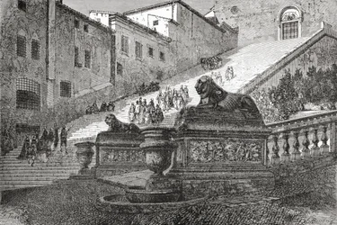 Staircase Leading Up to The Basilica of St. Mary of the Altar of Heaven, Rome, Italy in the Late 19th Century. From Italian Pictures by Rev. Samuel Manning, Published c.1890.