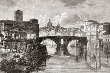 The Pons Fabricius, or Ponte dei Quattro Capi, and Tiber Island, Rome, Italy in the late 19th century. From Italian Pictures by Rev. Samuel Manning, published c.1890.