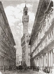 The Uffizi, the Palazzo Vecchio and statuary in Piazza della Signoria, Florence, Italy in the late 19th century