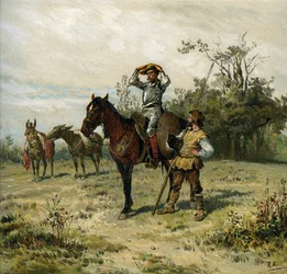 Don Quixote Rides Rossinante, Wears His Helmet, Sancho Panza Carries His Spear