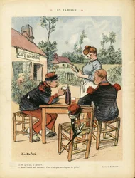 Illustration of Ricardo Flores (1878-1918) in Le Rire, 08/08/08 - Family - Army, Restaurant Cafes, Wine, Alcohol Alcoholic - Coffee Boy, Waitresses, Soldiers