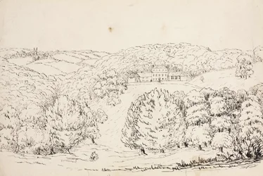 Pencil Sketch of a Building on a Wooded Hillside, South Atlantic
