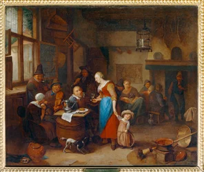Drinkers in a tavern, a baby in a cradle