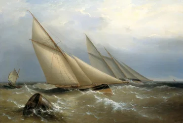 A Schooner and Cutter Yacht Rounding a Buoy