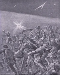 Caught in barbed wire entanglements: Night attack by British infantry