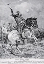 The First Charge at Hastings: Taillefer the Minstrel Sword-Juggler Rode from the Ranks Singing and Tossing His Sword in the Air, 1066, illustration from “Hutchinson
