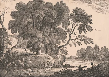 Landscape with group of trees surrounded by water, cottage on left, woman seated right foreground