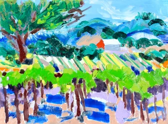 Vineyard with Red Barn