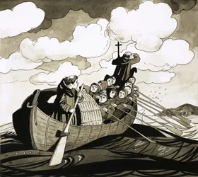 Unidentified Group of Monks Rowing Towards an Island