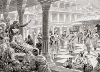 Akbar playing pachisi or chaupur with live pieces at Fatehpur Sikri in 1575, from Hutchinson
