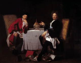 Two epicureans. Two philosophers talking at a table