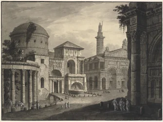 Architectural Fantasy of an Ancient City with a Square and Many Buildings, Some Partially in Ruins