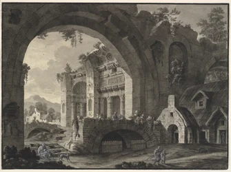 Architectural fantasy with ruins of an antique bath and cottages