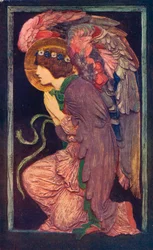 An Angel Adoring, a coloured plaster relief by Robert Anning Bell, c1901-1902