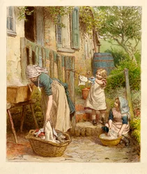 Mother and Children Hanging Out the Washing