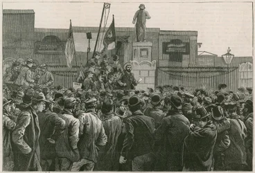 The Great Strike of Dock Labourers at the East End: Mr John Burns addressing the men on strike at the gates of the East and West India Docks