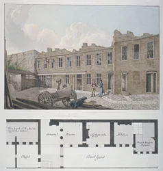 Ludgate Prison with a plan of the London Workhouse, Bishopsgate, beneath, City of London