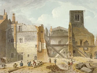 View of the demolition of the Savoy Palace, Westminster, London