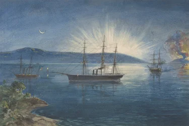 The Bay of Bull Arms, Trinity Bay, Newfoundland, Bonfires Lighted on the Hills to Notify..., 1865-66