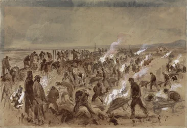 Workmen laying telegraph cable