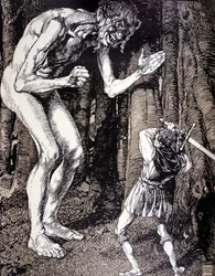 The knight and the giant. Illustration by Robert Engels (1856 - 1936). German engraving. (Dusseldorf)