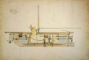 Original drawing of the Nautilus, the first underwater boat (submarine), presented by its inventor Robert Fulton (1765-1815) to the American Senate in 1806.