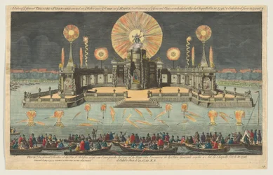 A View of the Grand Theatre & Fireworks erected on the Water near the Court at the Hague, 1794