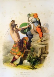 Scottish Warrior Mac Millan Fighting in Kilt and Barefoot with the Sword - Lithograph from 