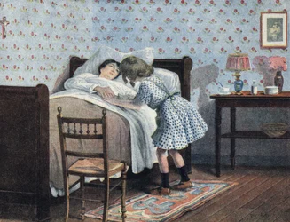 A little girl at the bedside of her sick mother awaits her war. Illustration by Robert Salles (1871-1929) in 
