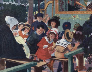 Puppet Show: Children in the Guignol Theatre Are Deranged by a Crying Baby. Illustration by Robert Salles (1871-1929) in 