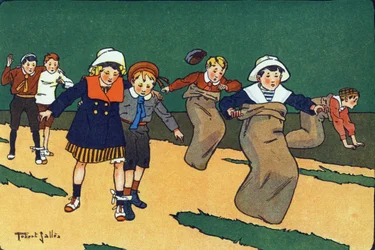 The bag race. Engraving in "What are we playing?" by E. Weber with watercolour drawings by Robert Salles. Librairie Garnier Freres, Paris