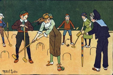 The croquet. Engraving in "What are we playing?" by E. Weber with watercolour drawings by Robert Salles. Librairie Garnier Freres, Paris