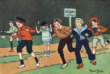The egg race. Engraving in "What are we playing?" by E. Weber with watercolour drawings by Robert Salles. Librairie Garnier Freres, Paris