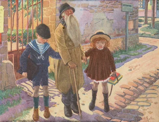 Two Children Helping an Old Blind Man After He Lost His Stick