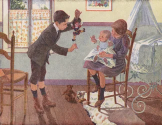 Two Children Playing with Their Newly Arrived Baby Brother