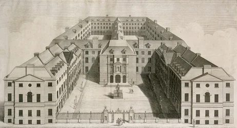Birds-eye View of Guys Hospital, Southwark, with Figures in the Courtyard, engraved by William Henry Toms, c.1756