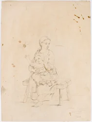 Young Woman Sitting on a Bench with a Small Child in Her Lap
