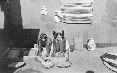 Hopi Indian women grinding corn meal, Walpi, Arizona