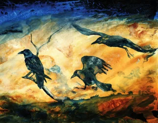 Flying Ravens Golden Sky