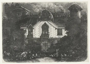 House with Tower Behind a Fence and Shepherdess with Cattle