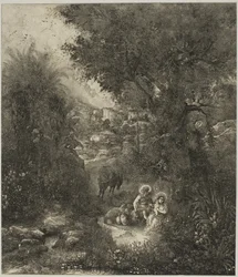 Rest on the Flight into Egypt with Saddled Donkey