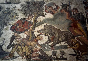 A hunter wounds attack by a boar, one of his companions repels the animal with his spear (detail)