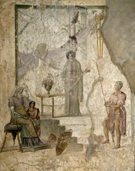 Cassandra prophecies the fall of Troy, her father Priam, her brother Paris holding the apple of Discord, and a warrior (probably Hector) - Fresco