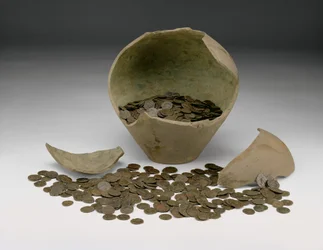 Complete Local Roman Imperial Coin Hoard with Jar, the Chalgrove II Hoard, from Chalgrove, Oxfordshire