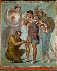 Wounded Aeneas with his son Iulus is treated by the Greek doctor Iapyx, son of Iaso. Roman fresco from the 1st century AD from Pompeii. Naples, National Archaeological Museum