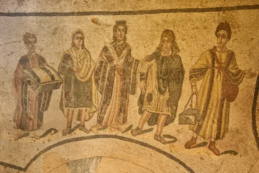 Entrance to the therma, floor mosaic, Villa Romana del Casale, Piazza Armerina, Sicily, Italy