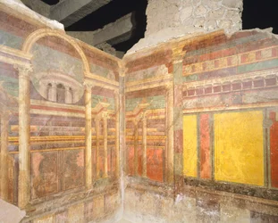 Frescoes depicting faux architecture, Villa of Mysteries, Pompeii, Roman Civilization