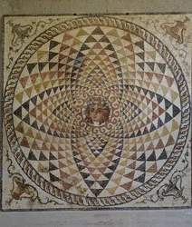 Geometric mosaic with Dionysus in centre uncovered in Roman villa in Corinth, Greece, Roman Civilization, second half 2nd-early 3rd century AD