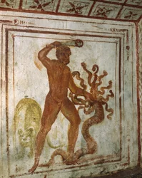 Hercules and the Lernaean Hydra, fresco, Via Latina Catacomb, Rome, Italy, 4th century