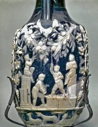Little amphora called blue vase showing Eros doing grape harvest